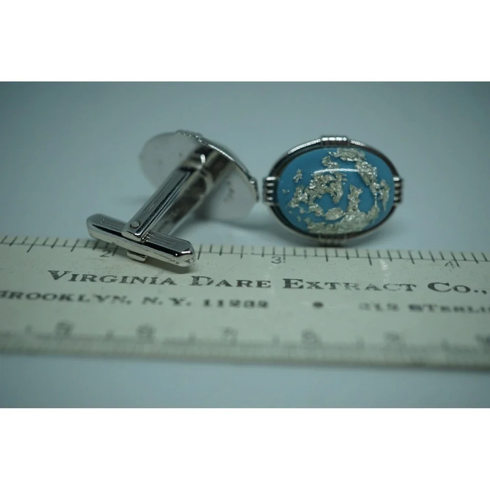Vintage Hickok Mens Cufflinks Silver Tone Faux Turquoise Foil Inlay Oval Toggle